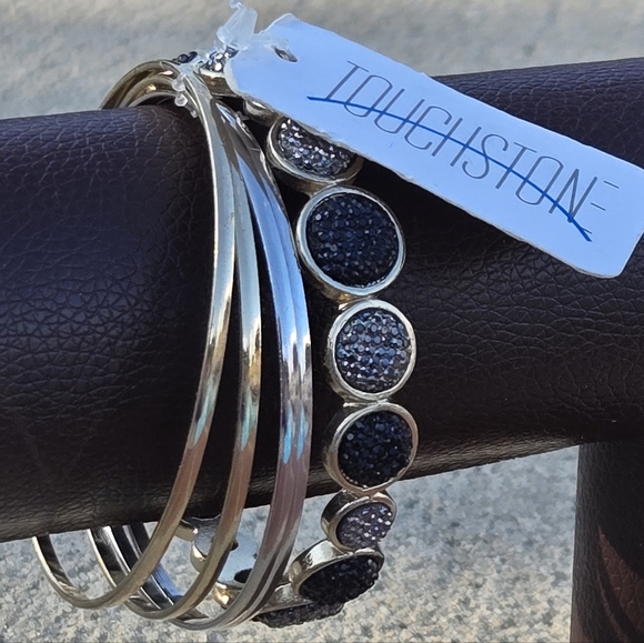 Touchstone Gold Silver Tone Black Pave Bangle Bracelet Set of 5 NWT - Picture 1 of 2